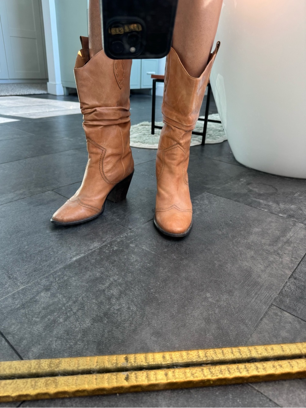 BCBGeneration Tan Leather Mid-Heel Western Boots